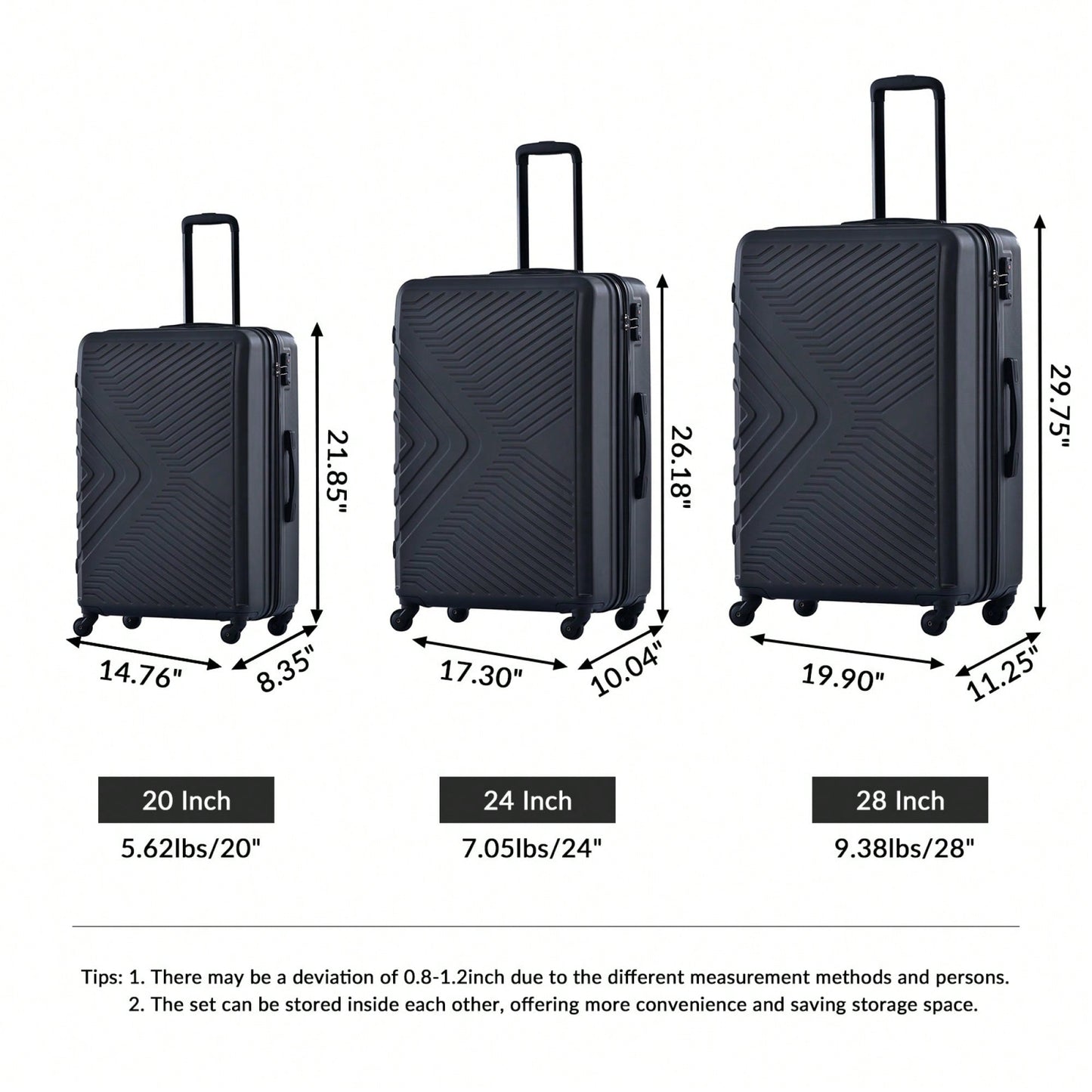 Lightweight 3-Piece ABS Luggage Set With Spinner Wheels, TSA Lock & Hooks - Gray (20/24/28)
