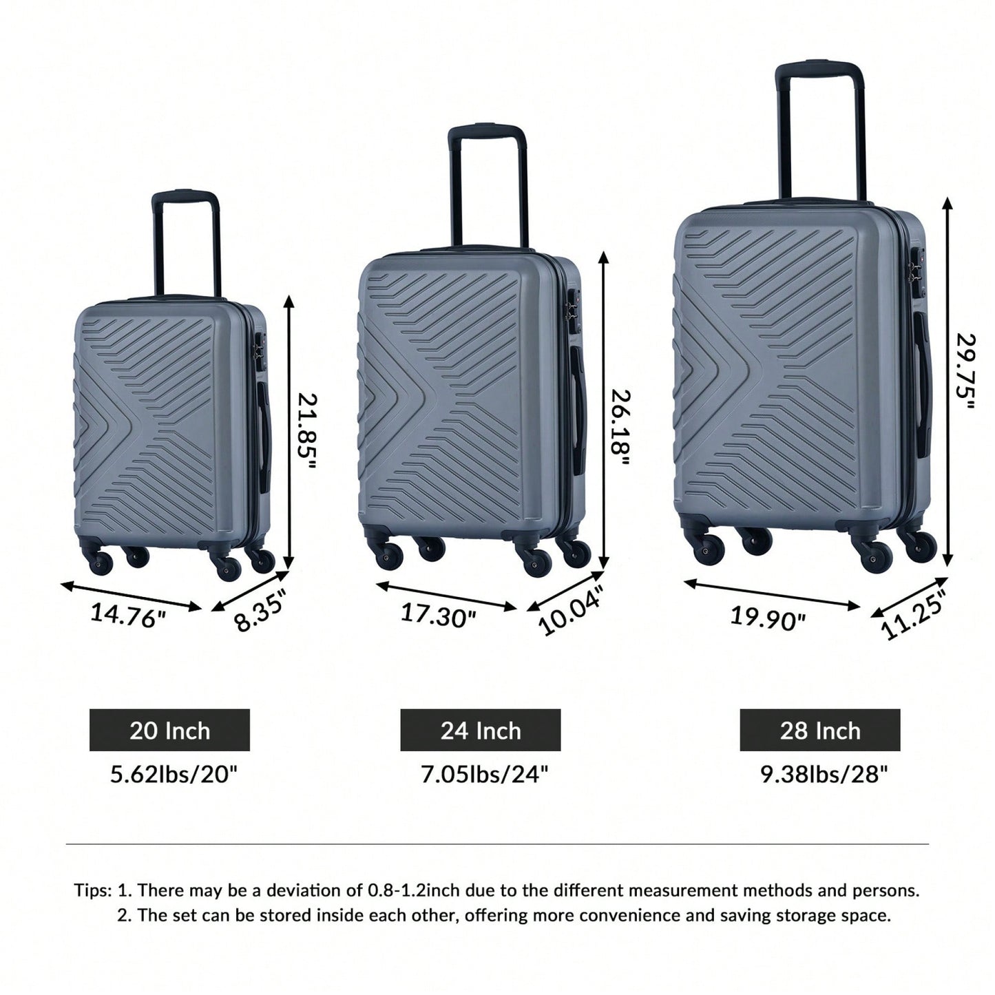 Lightweight 3-Piece ABS Luggage Set With Spinner Wheels, TSA Lock & Hooks - Gray (20/24/28)