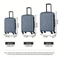 Lightweight 3-Piece ABS Luggage Set With Spinner Wheels, TSA Lock & Hooks - Gray (20/24/28)
