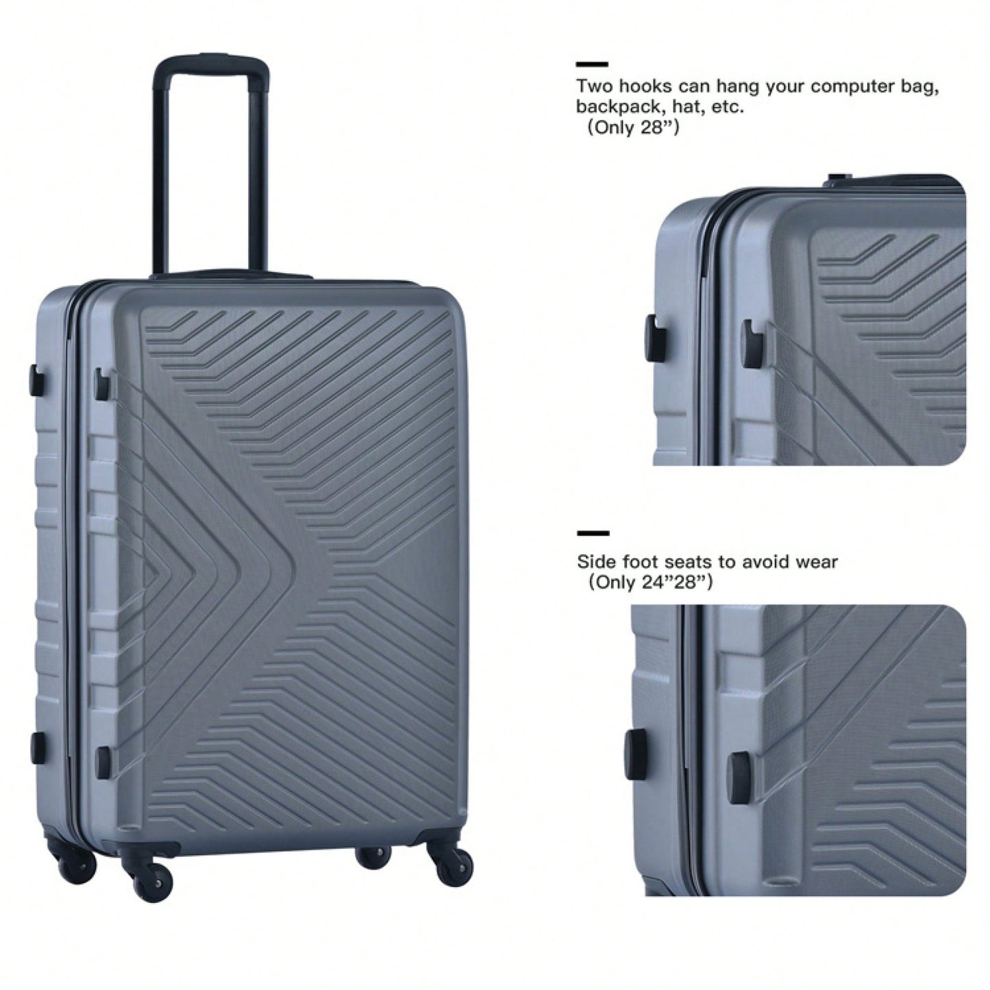 Lightweight 3-Piece ABS Luggage Set With Spinner Wheels, TSA Lock & Hooks - Gray (20/24/28)