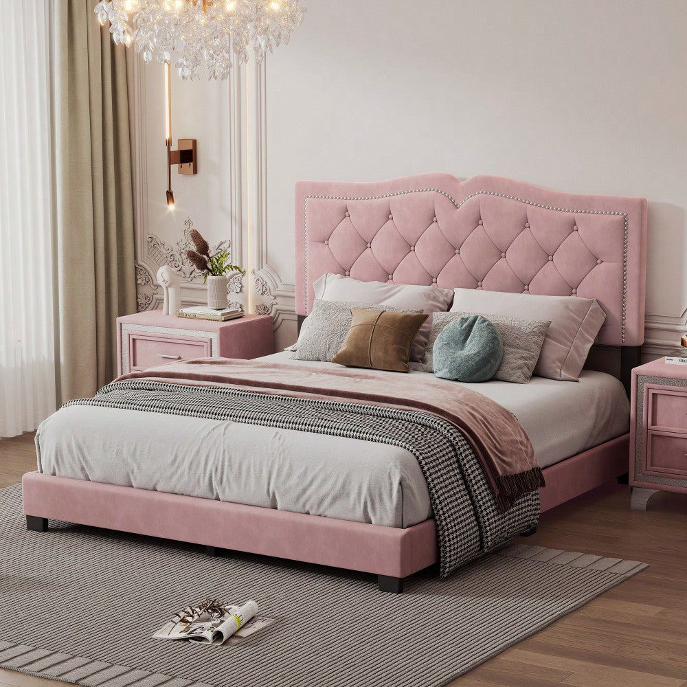Modern Velvet Queen Size Upholstered Bed Frame With Tufted Headboard And Rivet Design - Chic Pink Platform Bed