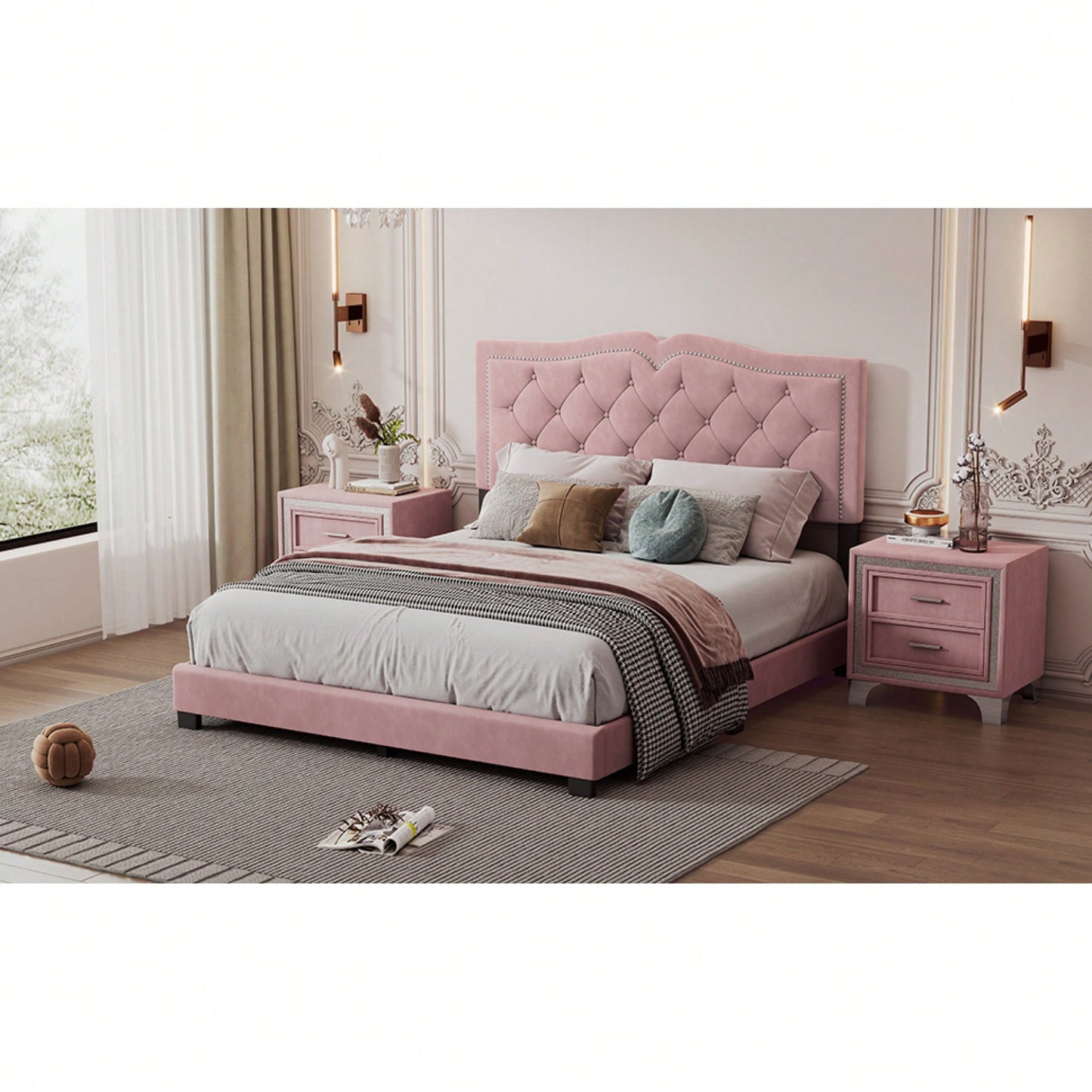 Modern Velvet Queen Size Upholstered Bed Frame With Tufted Headboard And Rivet Design - Chic Pink Platform Bed