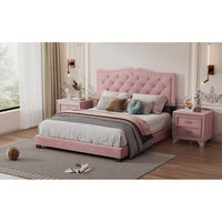 Modern Velvet Queen Size Upholstered Bed Frame With Tufted Headboard And Rivet Design - Chic Pink Platform Bed