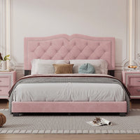 Modern Velvet Queen Size Upholstered Bed Frame With Tufted Headboard And Rivet Design - Chic Pink Platform Bed