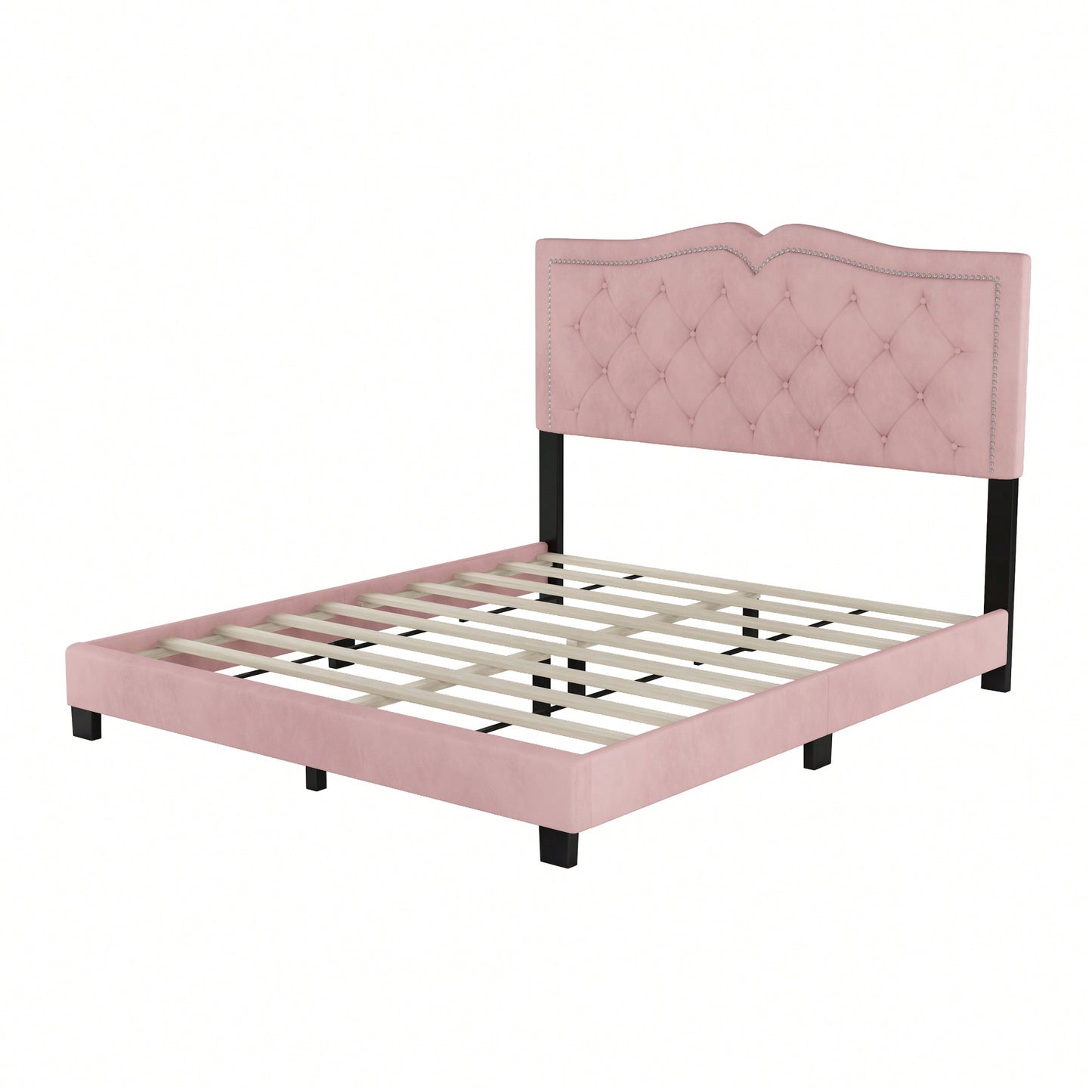 Modern Velvet Queen Size Upholstered Bed Frame With Tufted Headboard And Rivet Design - Chic Pink Platform Bed