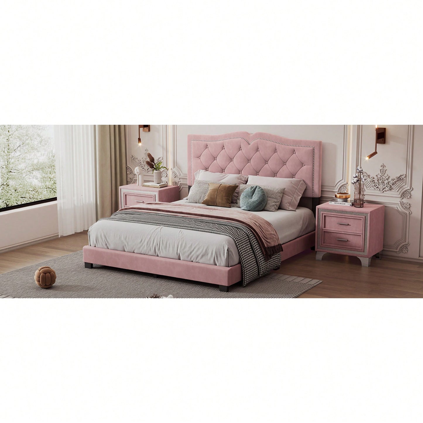 Modern Velvet Queen Size Upholstered Bed Frame With Tufted Headboard And Rivet Design - Chic Pink Platform Bed
