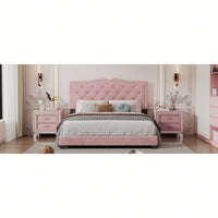 Modern Velvet Queen Size Upholstered Bed Frame With Tufted Headboard And Rivet Design - Chic Pink Platform Bed