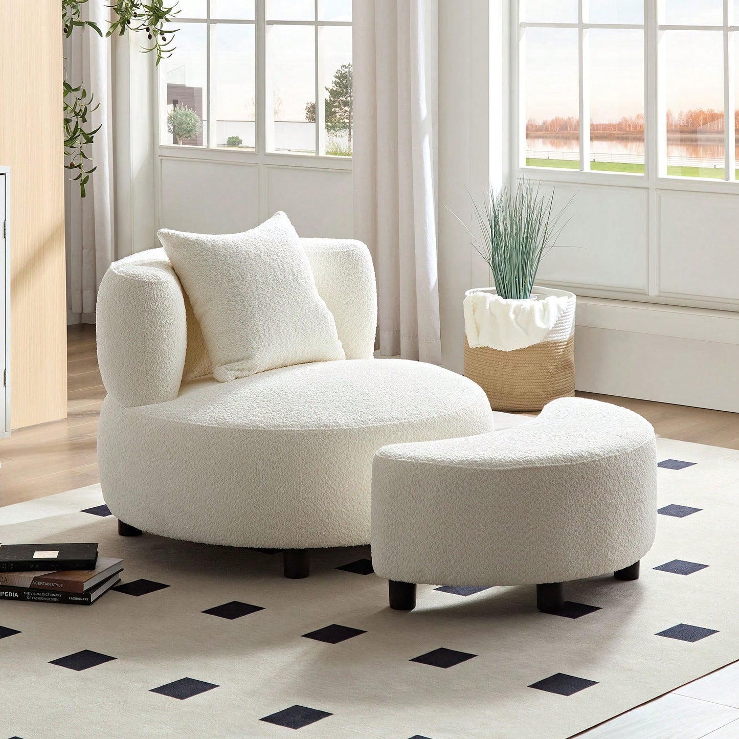 Cozy Beige Teddy Fabric Chair With Ottoman And Side Table – Perfect Comfy Seating For Living Room, Bedroom, Or Office