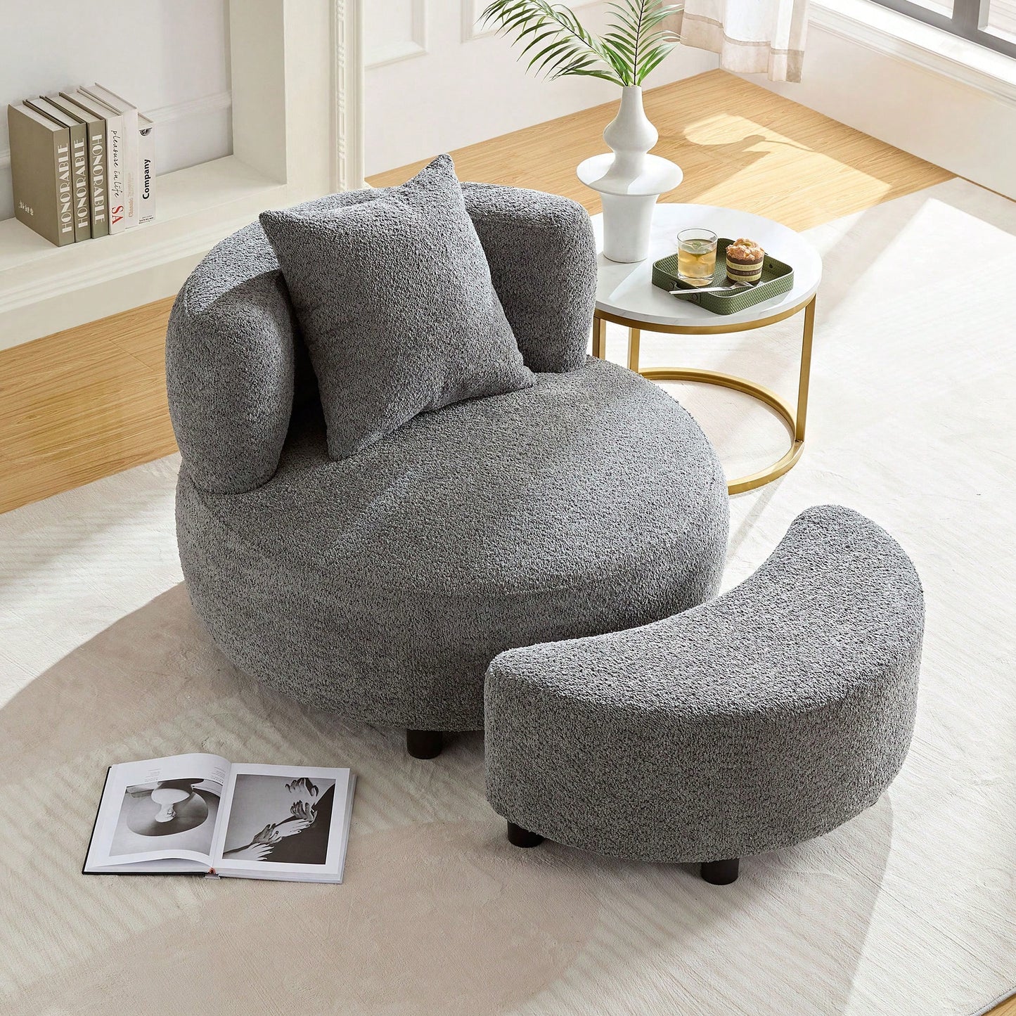 Cozy Beige Teddy Fabric Chair With Ottoman And Side Table – Perfect Comfy Seating For Living Room, Bedroom, Or Office