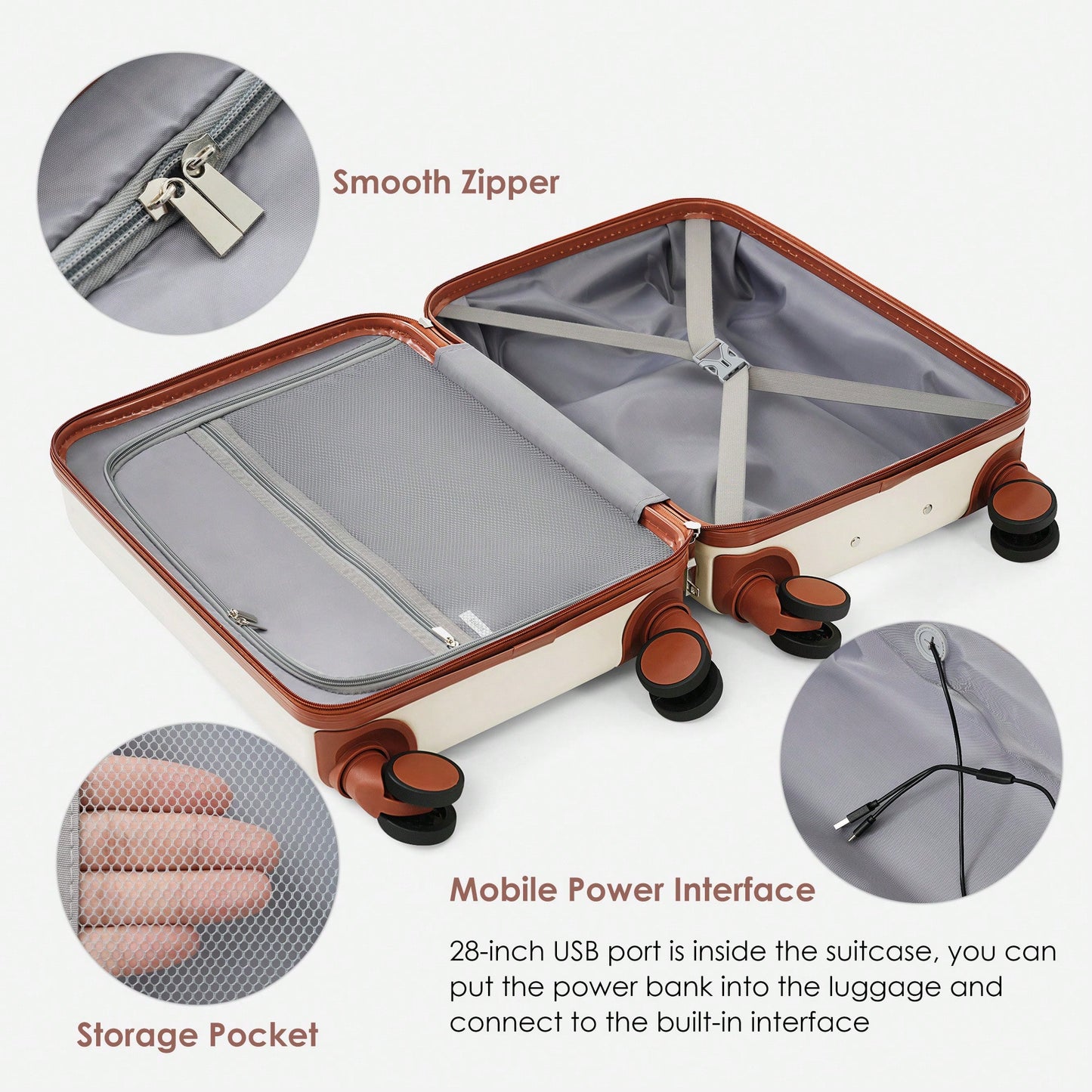 Light Blue 3-Piece Luggage Set with USB Port Airline Approved Carry-On Spinner Wheels 20 24 28 Inch Hard Shell