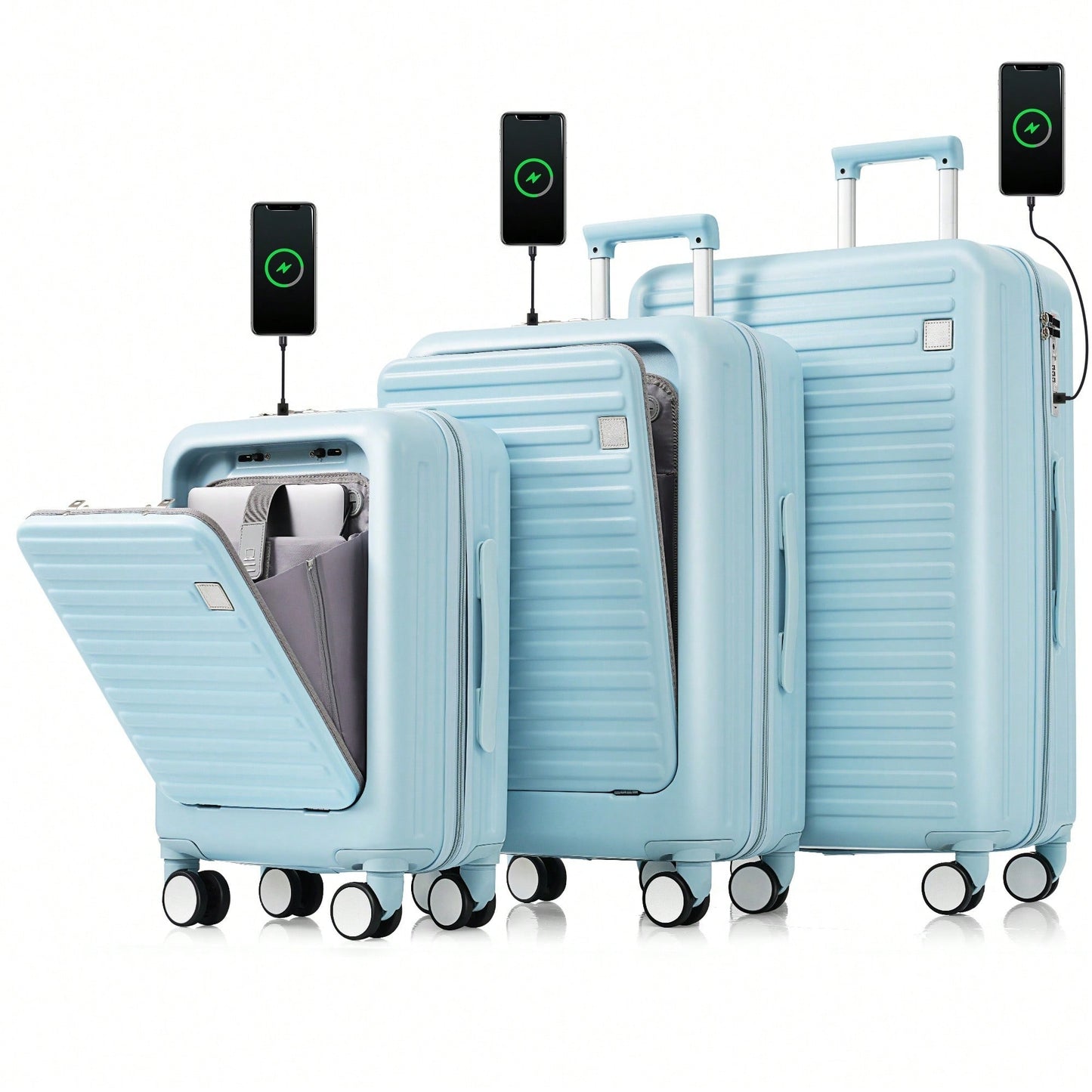 Light Blue 3-Piece Luggage Set with USB Port Airline Approved Carry-On Spinner Wheels 20 24 28 Inch Hard Shell