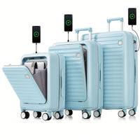 Light Blue 3-Piece Luggage Set with USB Port Airline Approved Carry-On Spinner Wheels 20 24 28 Inch Hard Shell