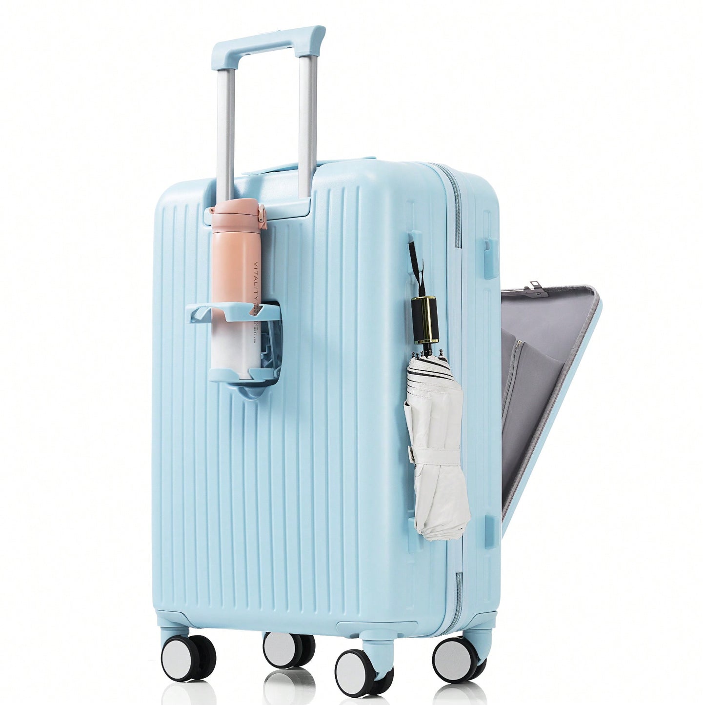 Light Blue 3-Piece Luggage Set with USB Port Airline Approved Carry-On Spinner Wheels 20 24 28 Inch Hard Shell