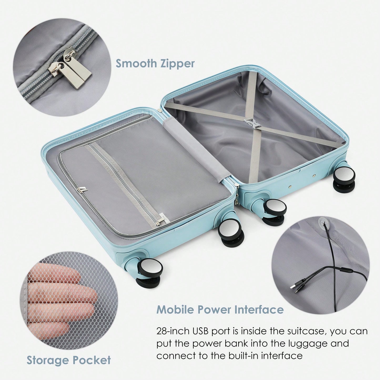 Light Blue 3-Piece Luggage Set with USB Port Airline Approved Carry-On Spinner Wheels 20 24 28 Inch Hard Shell