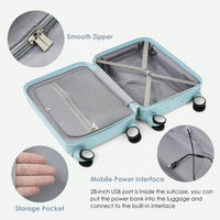 Light Blue 3-Piece Luggage Set with USB Port Airline Approved Carry-On Spinner Wheels 20 24 28 Inch Hard Shell