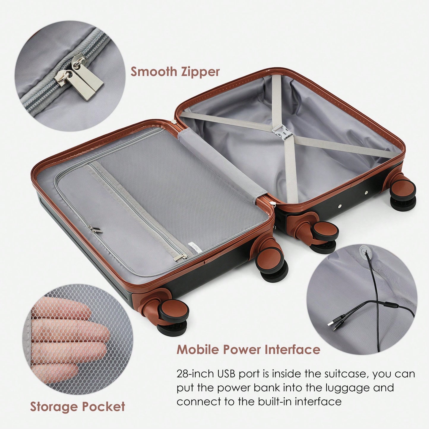 Light Blue 3-Piece Luggage Set with USB Port Airline Approved Carry-On Spinner Wheels 20 24 28 Inch Hard Shell