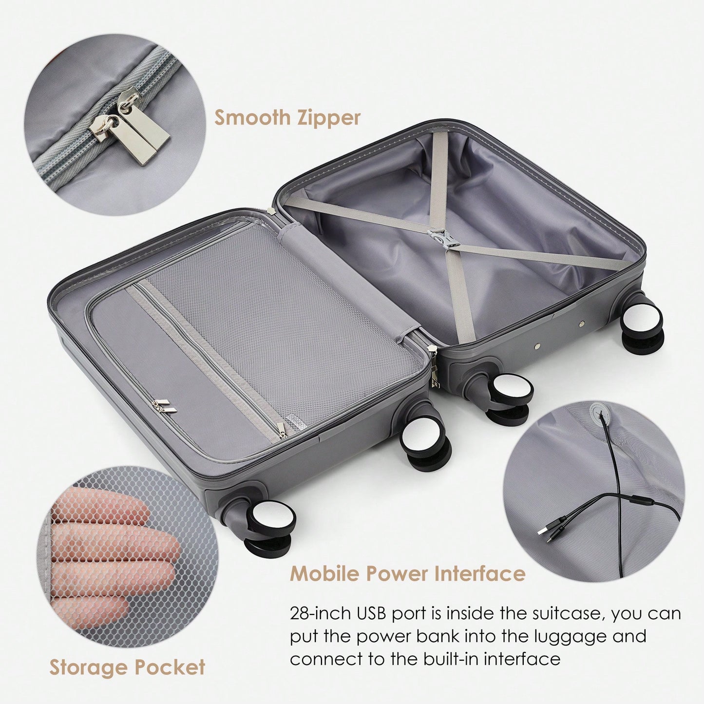 Light Blue 3-Piece Luggage Set with USB Port Airline Approved Carry-On Spinner Wheels 20 24 28 Inch Hard Shell