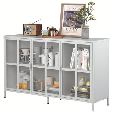 Sturdy Metal Modern Sideboard Buffet Cabinet With Adjustable Feet, Glass Doors, And Ample Storage Space