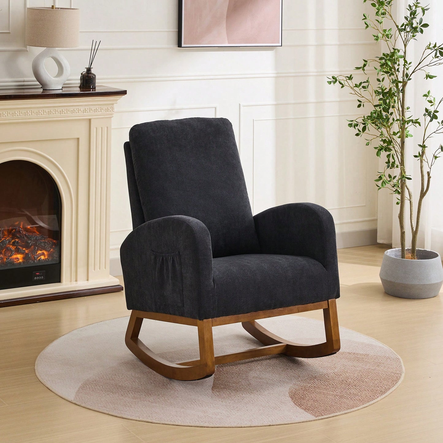 Cozy 27.2 Inch Rocking Glider Chair with High Back and Side Pocket for Nursery Bedroom Stylish Accent Armchair with Rubber Wood Legs Black