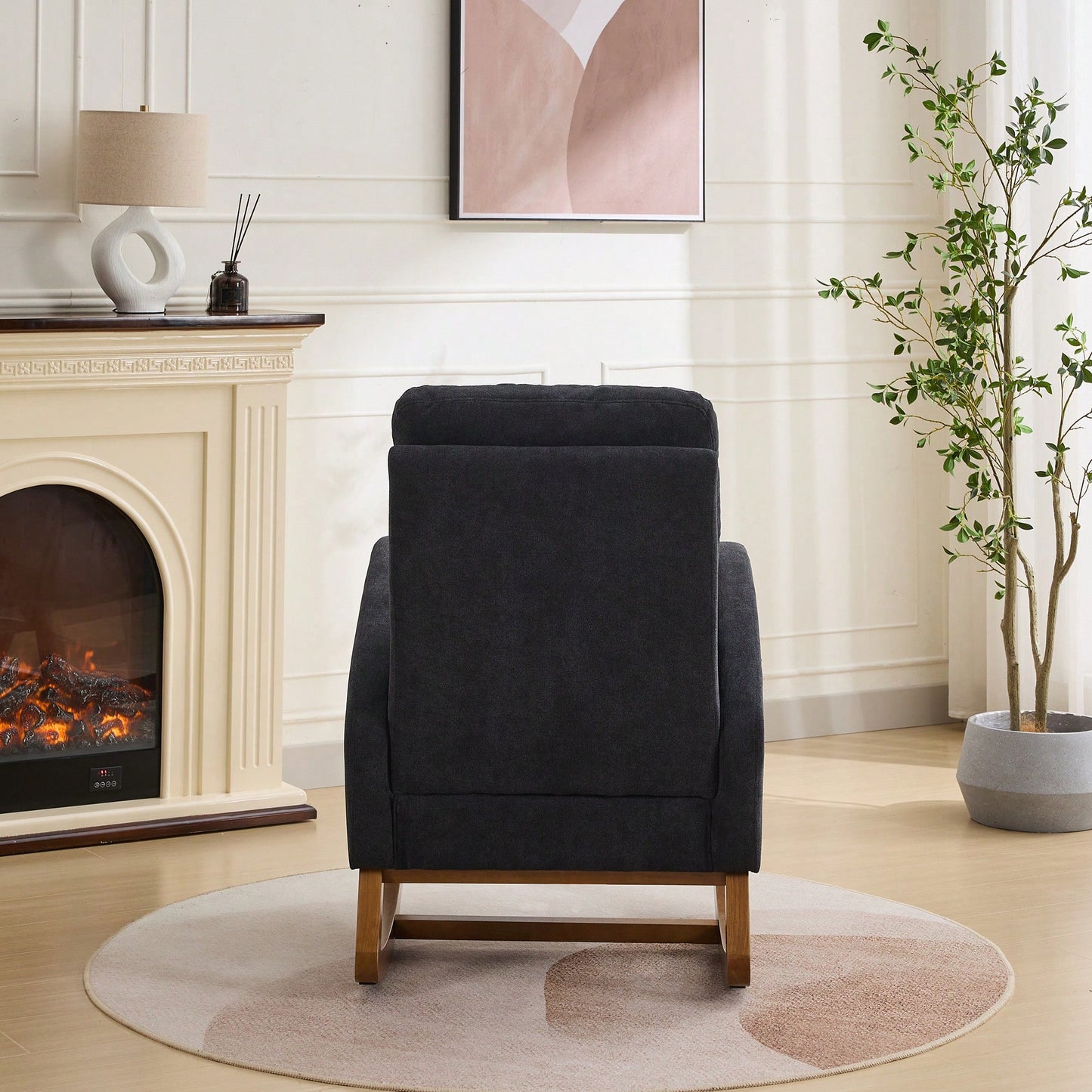 Cozy 27.2 Inch Rocking Glider Chair with High Back and Side Pocket for Nursery Bedroom Stylish Accent Armchair with Rubber Wood Legs Black