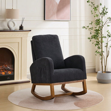 Cozy 27.2 Inch Rocking Glider Chair with High Back and Side Pocket for Nursery Bedroom Stylish Accent Armchair with Rubber Wood Legs Black