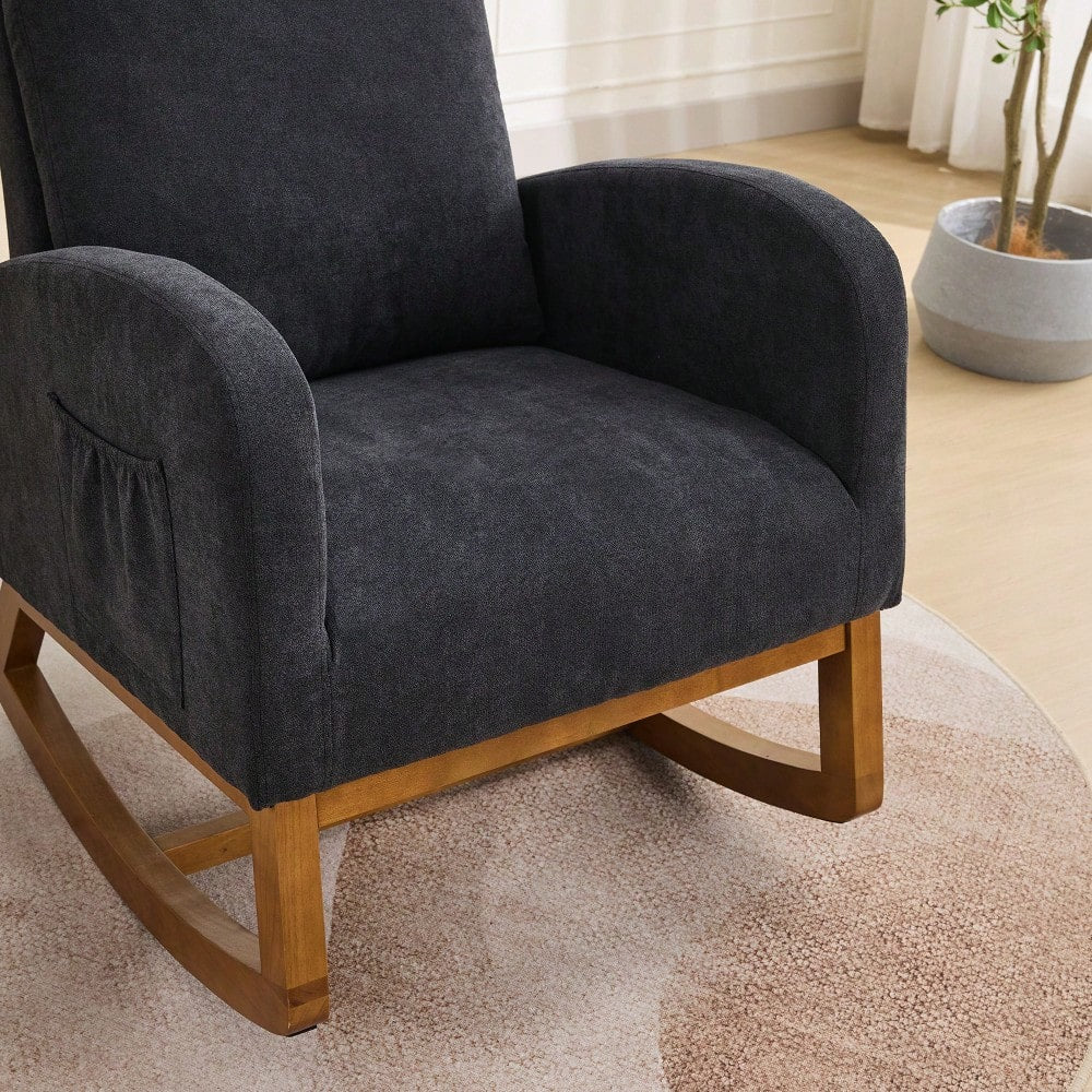 Cozy 27.2 Inch Rocking Glider Chair with High Back and Side Pocket for Nursery Bedroom Stylish Accent Armchair with Rubber Wood Legs Black