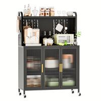 Dark Grey Carbon Steel Kitchen Storage Cabinet 4 Tier Microwave Stand Bakers Rack with Transparent Flap Doors Easy Assembly