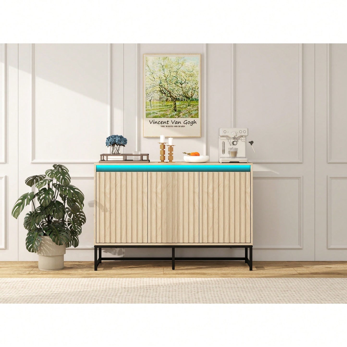 Modern 3-Door Sideboard With LED Lighting - Storage Buffet Cabinet, Adjustable Shelf For Living Room, Dining Room, And Kitchen