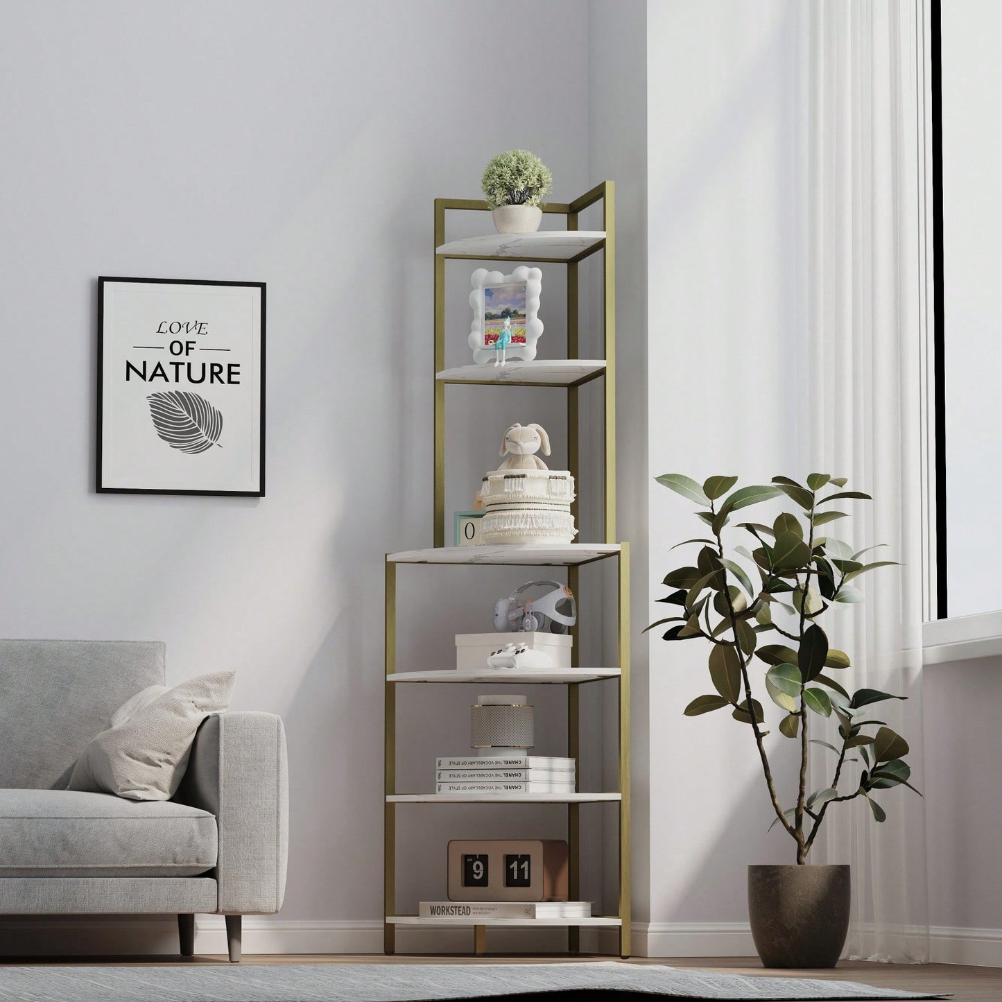 Rustic Brown 6-Tier Corner Open Shelf Bookcase Space-Saving Freestanding Unit for Plants Albums Decor Living Room Home Office Kitchen