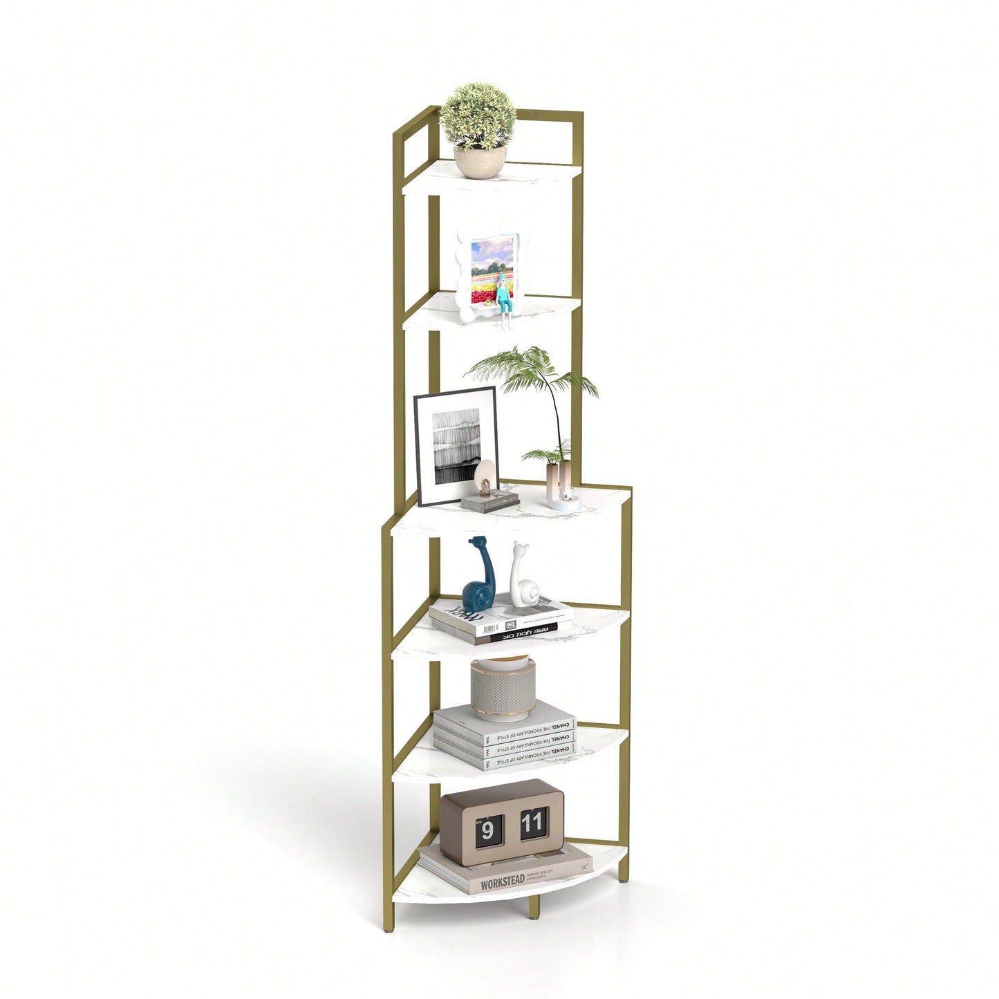 Rustic Brown 6-Tier Corner Open Shelf Bookcase Space-Saving Freestanding Unit for Plants Albums Decor Living Room Home Office Kitchen