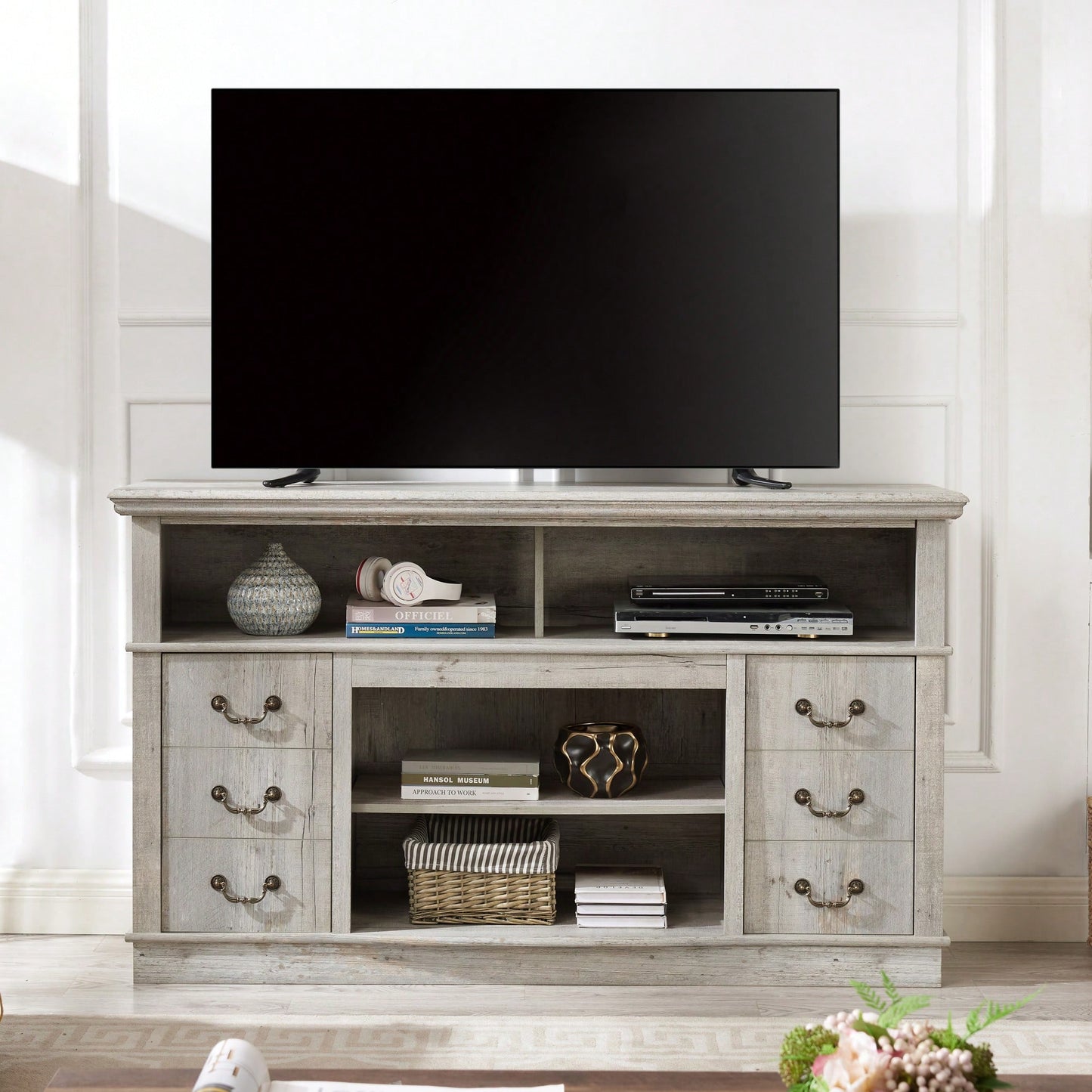 Rustic Farmhouse Entertainment Console for 65 Inch TVs Vintage Drawer Design Light Gray Media Stand 60W x 15.75D x 34.25H