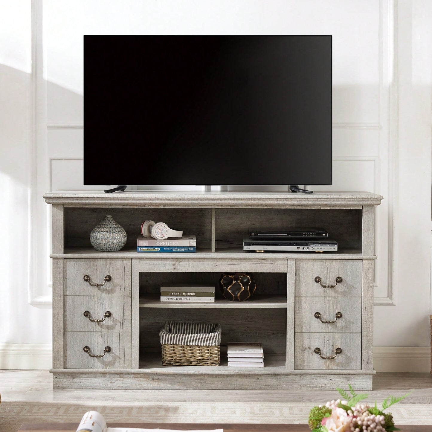 Rustic Farmhouse Entertainment Console for 65 Inch TVs Vintage Drawer Design Light Gray Media Stand 60W x 15.75D x 34.25H