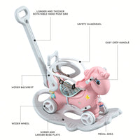 Pink Unicorn Rocking Horse For Toddlers - Balance Bike Ride-On With Push Handle, Backrest, And Balance Board For Boys And Girls