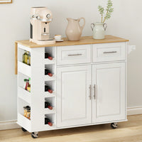 Versatile Kitchen Island Cart with Storage Cabinet Drawers Spice Rack Towel Holder Wine Rack Expandable Rubberwood Top White