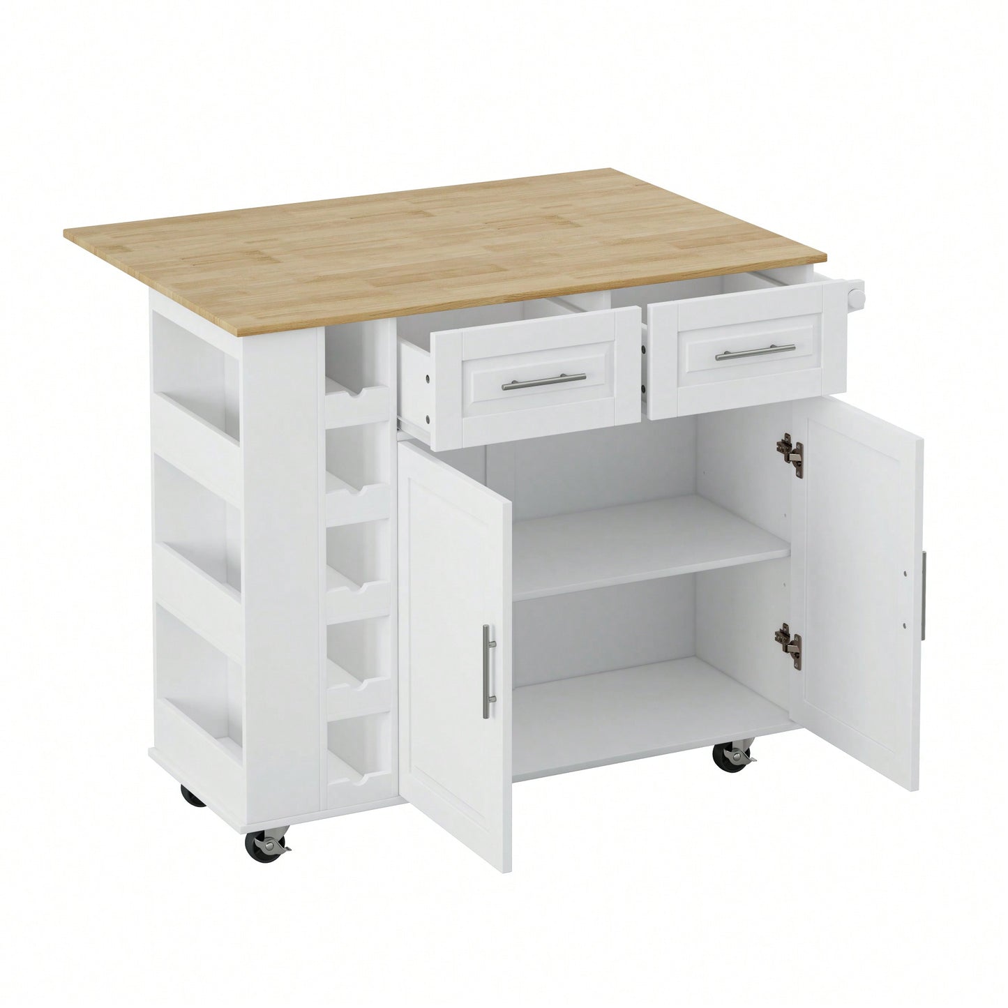 Versatile Kitchen Island Cart with Storage Cabinet Drawers Spice Rack Towel Holder Wine Rack Expandable Rubberwood Top White