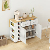 Versatile Kitchen Island Cart with Storage Cabinet Drawers Spice Rack Towel Holder Wine Rack Expandable Rubberwood Top White