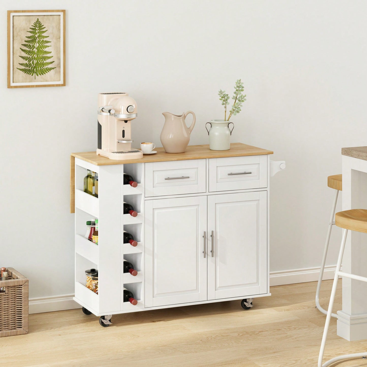 Versatile Kitchen Island Cart with Storage Cabinet Drawers Spice Rack Towel Holder Wine Rack Expandable Rubberwood Top White