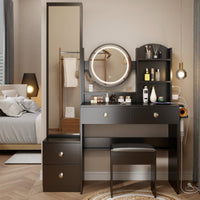 Complete Vanity Set with LED Round Mirror and Cushioned Stool Dual AC USB Power Stations Touch Control 17 Inch 3 Color Brightness