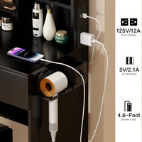 Complete Vanity Set with LED Round Mirror and Cushioned Stool Dual AC USB Power Stations Touch Control 17 Inch 3 Color Brightness