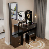Complete Vanity Set with LED Round Mirror and Cushioned Stool Dual AC USB Power Stations Touch Control 17 Inch 3 Color Brightness