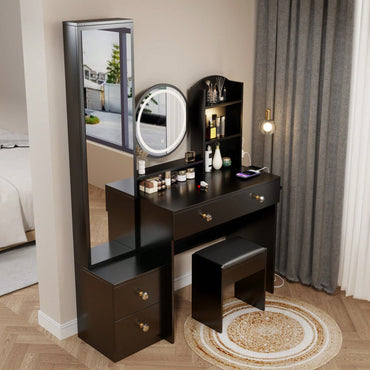 Complete Vanity Set with LED Round Mirror and Cushioned Stool Dual AC USB Power Stations Touch Control 17 Inch 3 Color Brightness