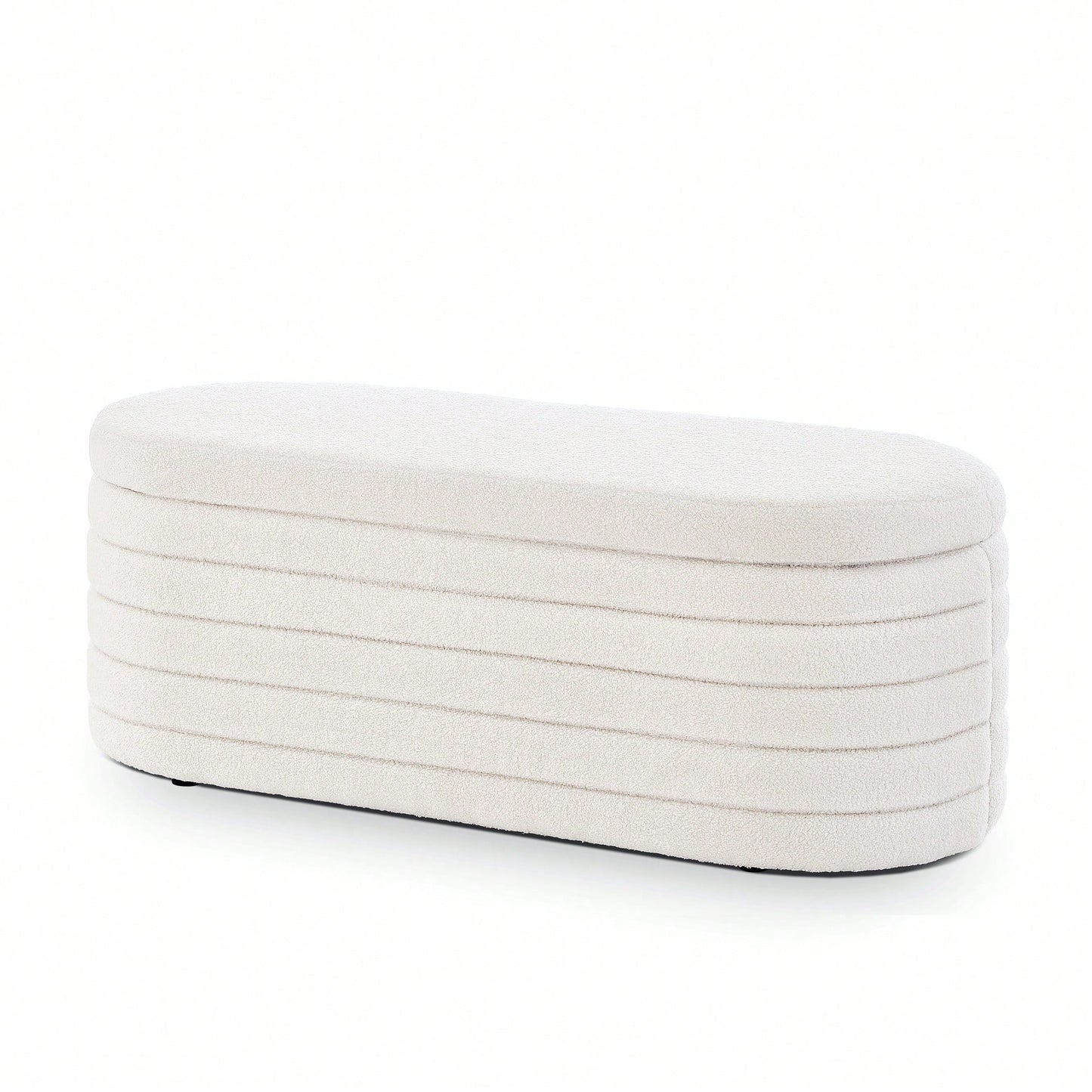 Chic Oval Storage Ottoman Bench in Soft Boucle Teddy Fabric Ideal for Bedroom Living Room or Entryway with Safety Hinge and Ample Storage