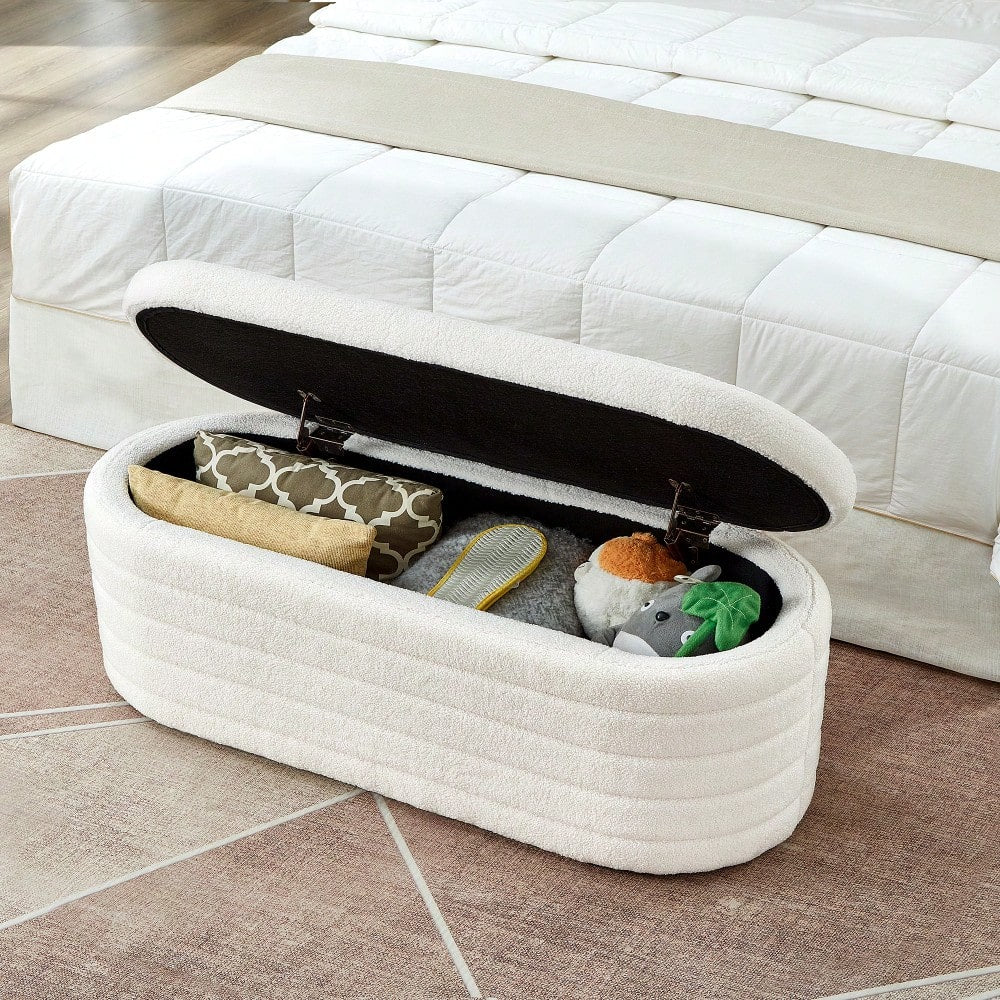 Chic Oval Storage Ottoman Bench in Soft Boucle Teddy Fabric Ideal for Bedroom Living Room or Entryway with Safety Hinge and Ample Storage