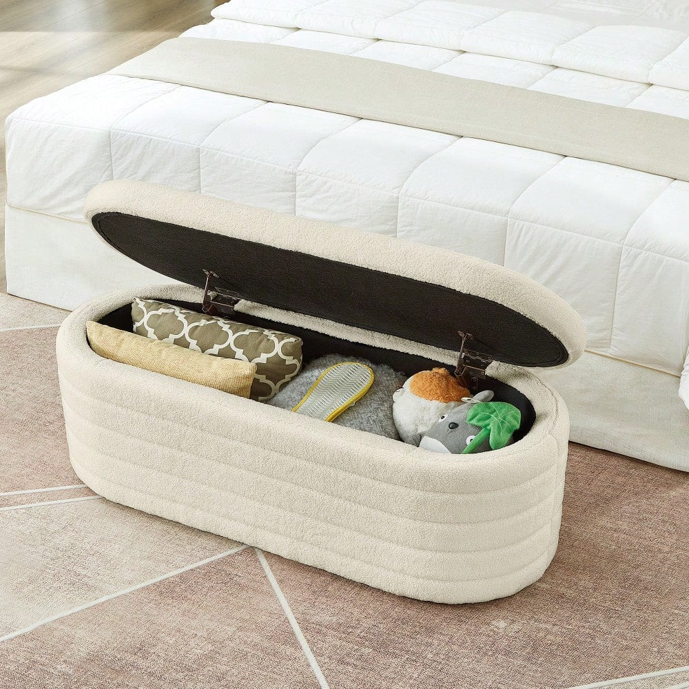 Chic Oval Storage Ottoman Bench in Soft Boucle Teddy Fabric Ideal for Bedroom Living Room or Entryway with Safety Hinge and Ample Storage