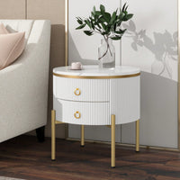 Modern Round End Table with Storage Drawers and Faux Marble Top White Finish 19.6 Inch Easy Assembly Nightstand with Metal Legs