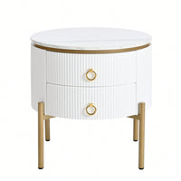 Modern Round End Table with Storage Drawers and Faux Marble Top White Finish 19.6 Inch Easy Assembly Nightstand with Metal Legs