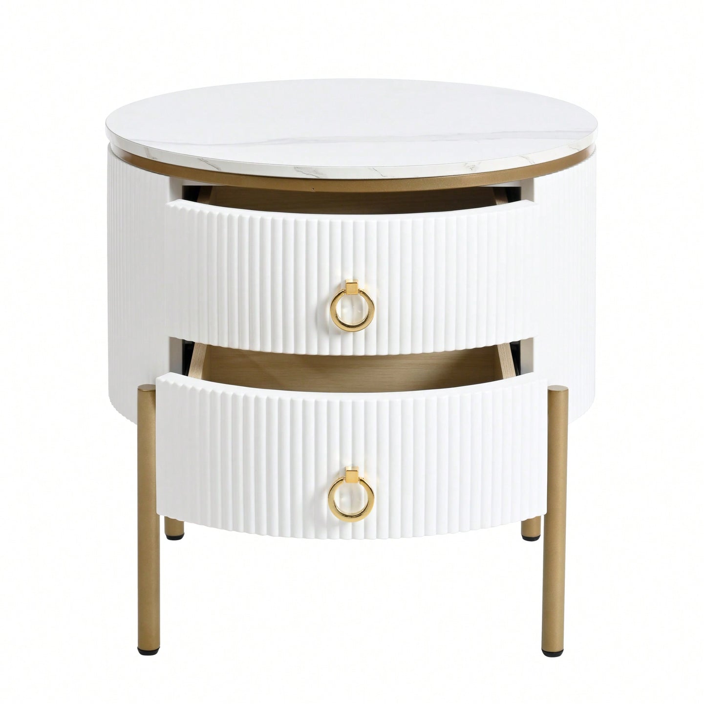 Modern Round End Table with Storage Drawers and Faux Marble Top White Finish 19.6 Inch Easy Assembly Nightstand with Metal Legs