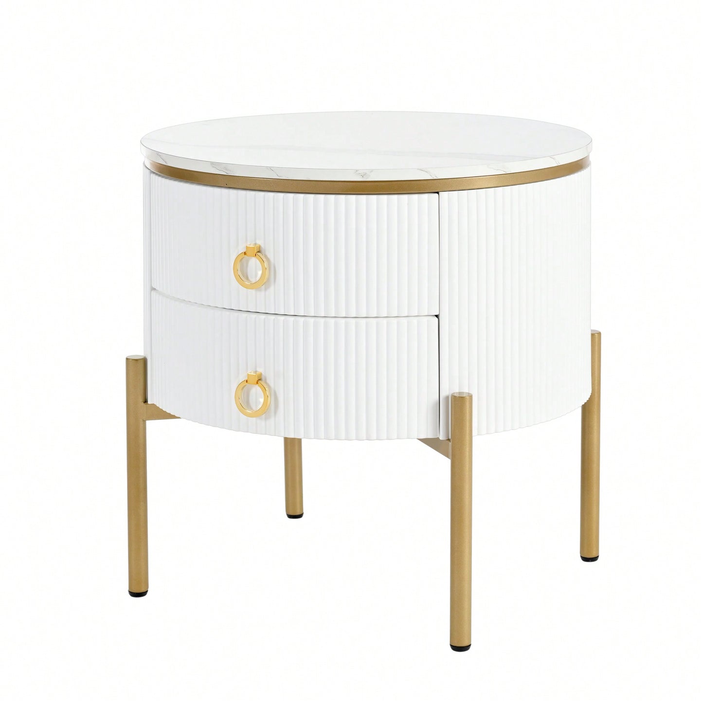 Modern Round End Table with Storage Drawers and Faux Marble Top White Finish 19.6 Inch Easy Assembly Nightstand with Metal Legs