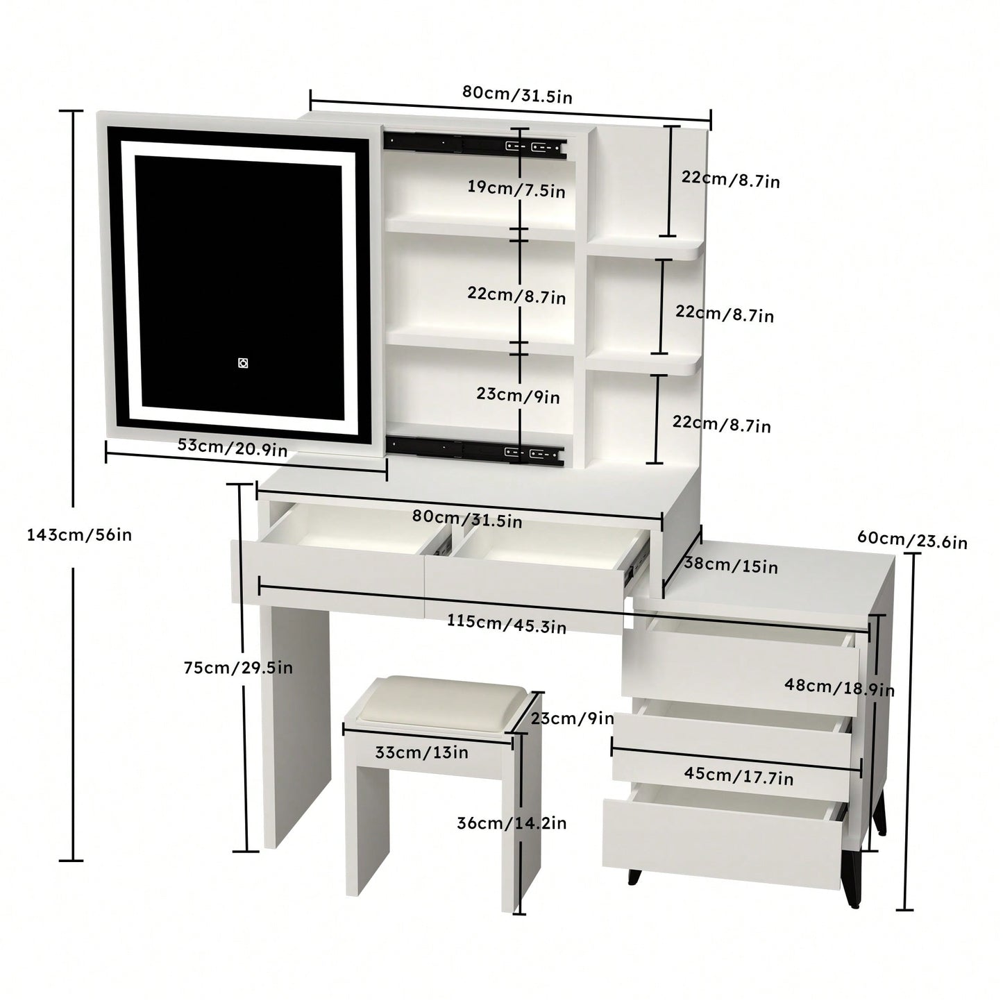 Stylish 45.3" Large Vanity Desk With Adjustable LED Mirror And Lights, 5 Drawer Makeup Table Set In White For Elegant Grooming Space