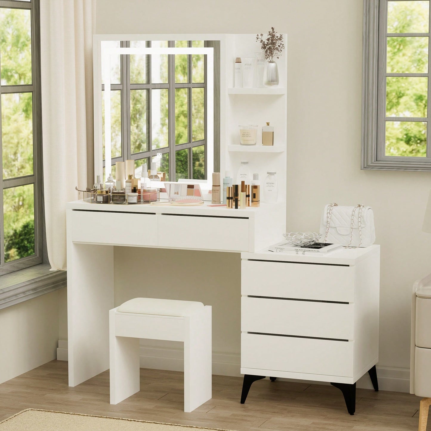 Stylish 45.3" Large Vanity Desk With Adjustable LED Mirror And Lights, 5 Drawer Makeup Table Set In White For Elegant Grooming Space